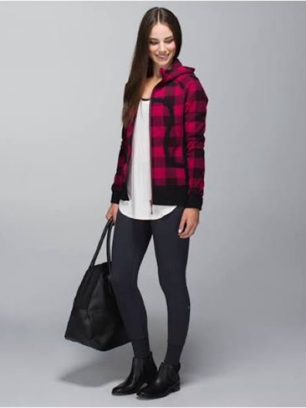 lululemon athletica Women's Maroon and Black Buffalo Plaid Full-Zip Hoodie GUC
